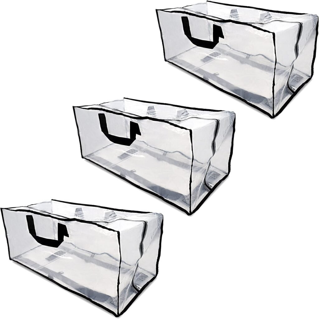 Clear Storage Bags - 3 Pack Zippered Moving Bags, See Thru Transparent Heavy Duty Totes with Handles, Large  Waterproof for Clothes, Blankets, Linens, Packing, Organizing, Under Bed - 27x12x13.75