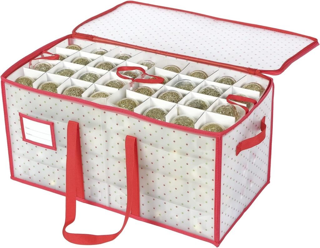 Sattiyrch Plastic Christmas Ornament Storage Box with Dual Zipper Closure - Box Contributes Slots for 128 Holiday Ornaments 3 Inch - Keeps 128 Xmas Holiday Ornaments (128)