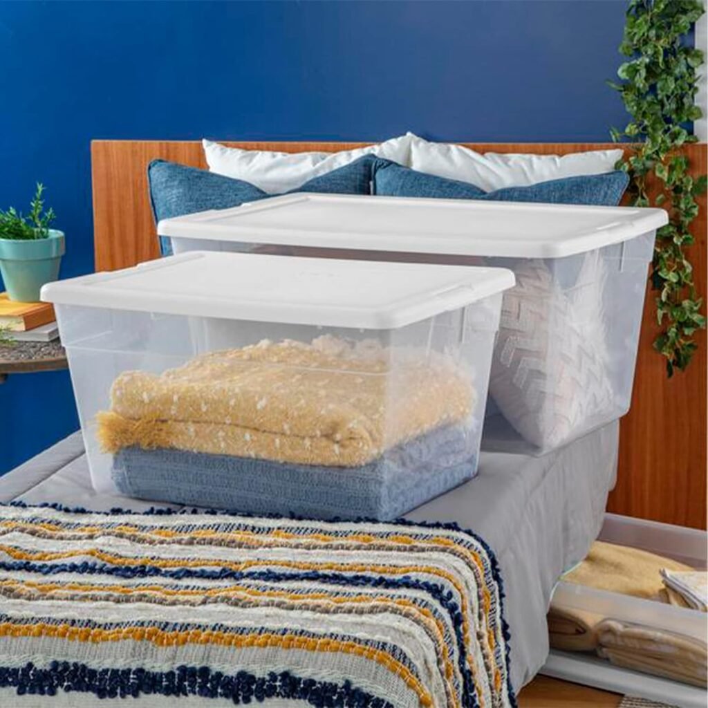Sterilite 41 Qt Underbed Storage Box, Stackable Bin with Lid, Plastic Container to Organize Bedroom, Clear Base and White Lid, 6-Pack