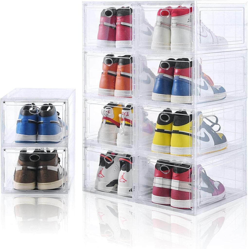 10 Pack Clear Shoe Boxes Stackable,Shoe Storage for Closet,Sturdy Box Containers with Door,Sneaker Storage,Easy to Assemble,Fit up US Size 12(13.8”x 9.84”x 7.1”)