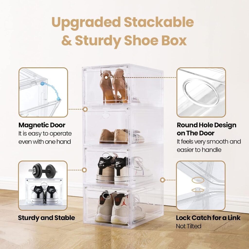 10 Pack Clear Shoe Boxes Stackable,Shoe Storage for Closet,Sturdy Box Containers with Door,Sneaker Storage,Easy to Assemble,Fit up US Size 12(13.8”x 9.84”x 7.1”)