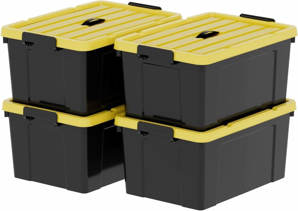 Plastic Storage Bin Box Container Stackable with Lid and Secure Latching Buckles, Black, 72Qt x 4, Pack of 4
