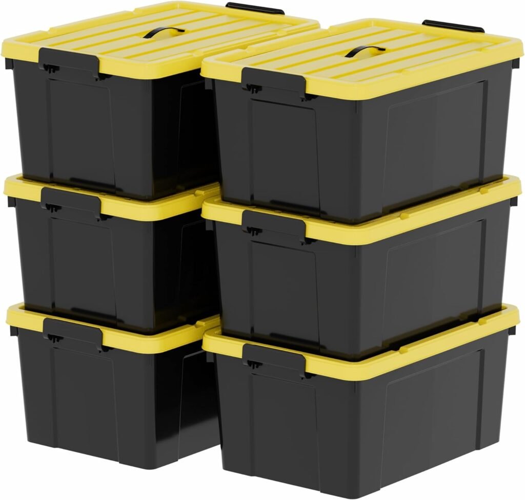 Plastic Storage Bin Box Container Stackable with Lid and Secure Latching Buckles, Black, 72Qt x 6, Pack of 6