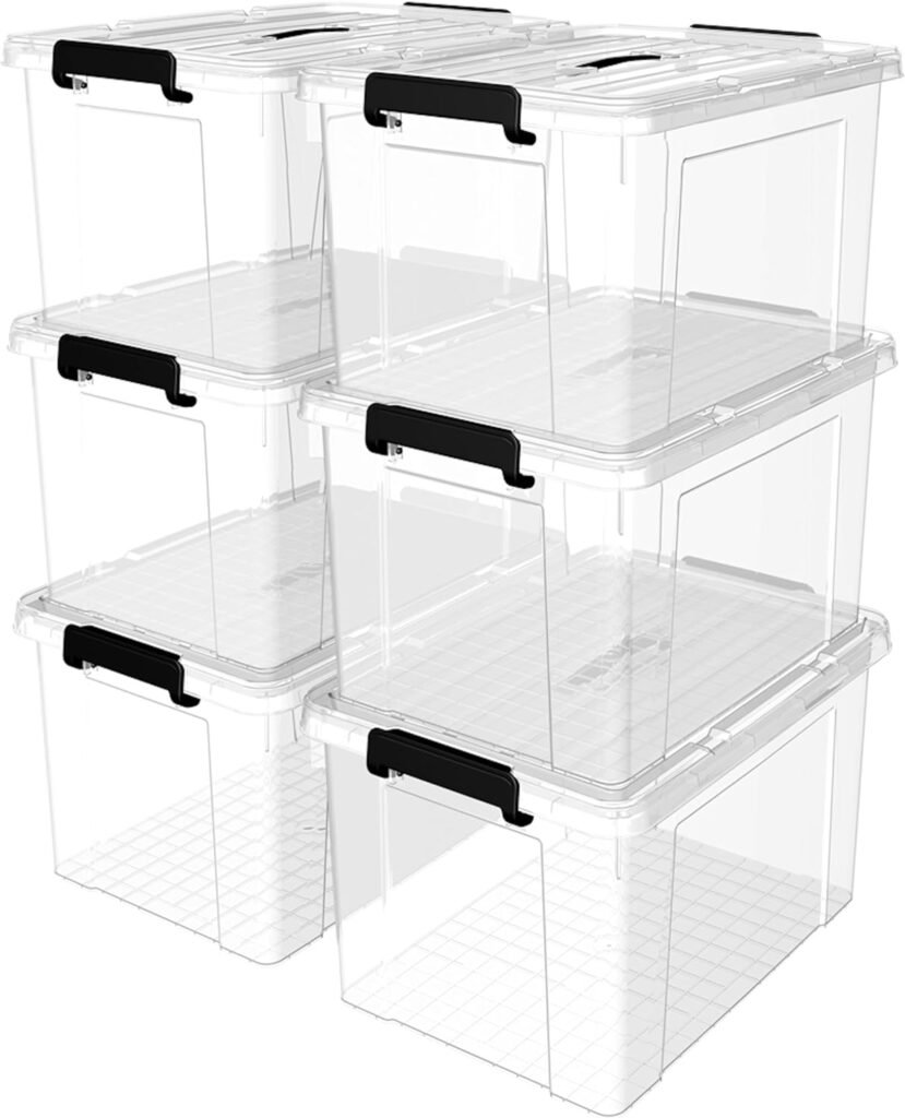 Plastic Storage Bin Box with Lid and Secure Latching Buckles, Clear, 95Qt x 6, Pack of 6