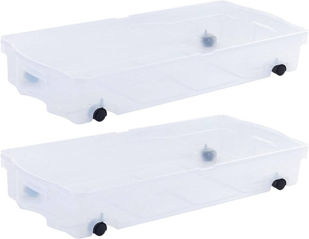 Rubbermaid 68 Quart Under the Bed Low Profile Storage Boxes with Dual Hinged Lids and Easy Rolling Caster Wheels, Clear, 2 Pack