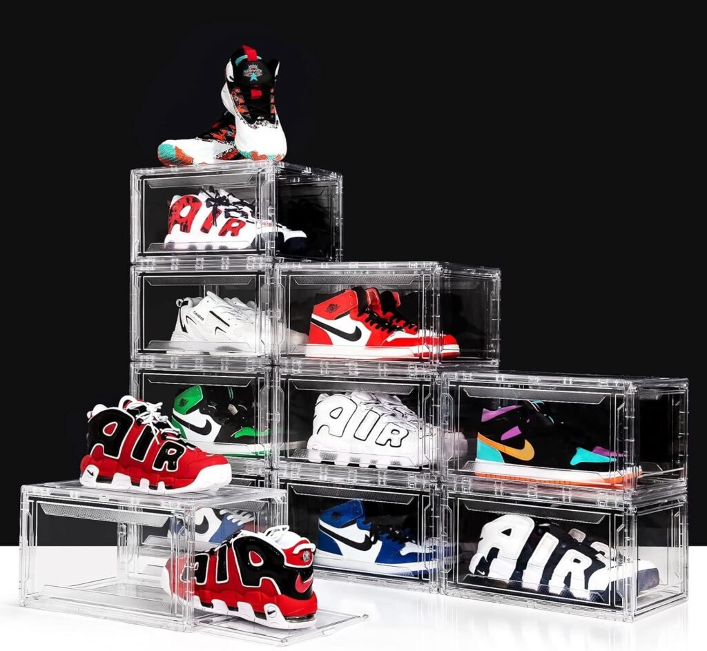 12 Pack Acrylic Clear Shoe Boxes– Ultra Clear Plastic Stackable Sneaker Storage For Sneakerhead. Professional Grade Shoe Display Case with Magnetic Door .Boots and Hat Organizer.Fits US Size 15