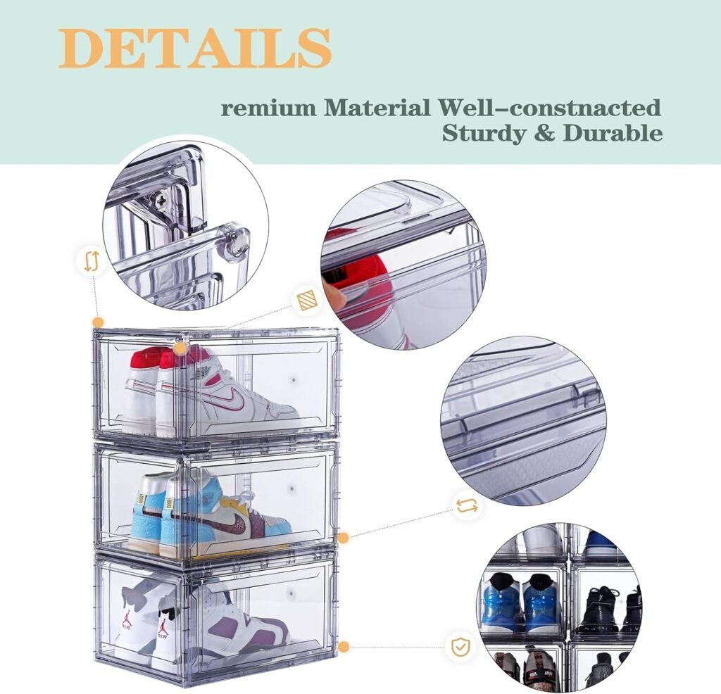 12 Pack Acrylic Clear Shoe Boxes– Ultra Clear Plastic Stackable Sneaker Storage For Sneakerhead. Professional Grade Shoe Display Case with Magnetic Door .Boots and Hat Organizer.Fits US Size 15