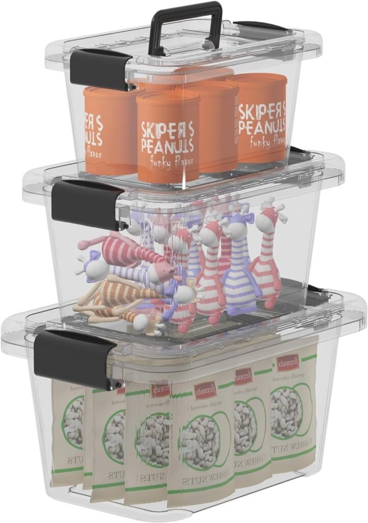 6.8Qt 12Qt 20Qt Plastic Storage Bins, Storage Box, Tote Organizing Container with Durable Lids, Secure Latching Buckles and Handles, Stackable and Nestable, Set of 3 Different Size Boxes, Clear
