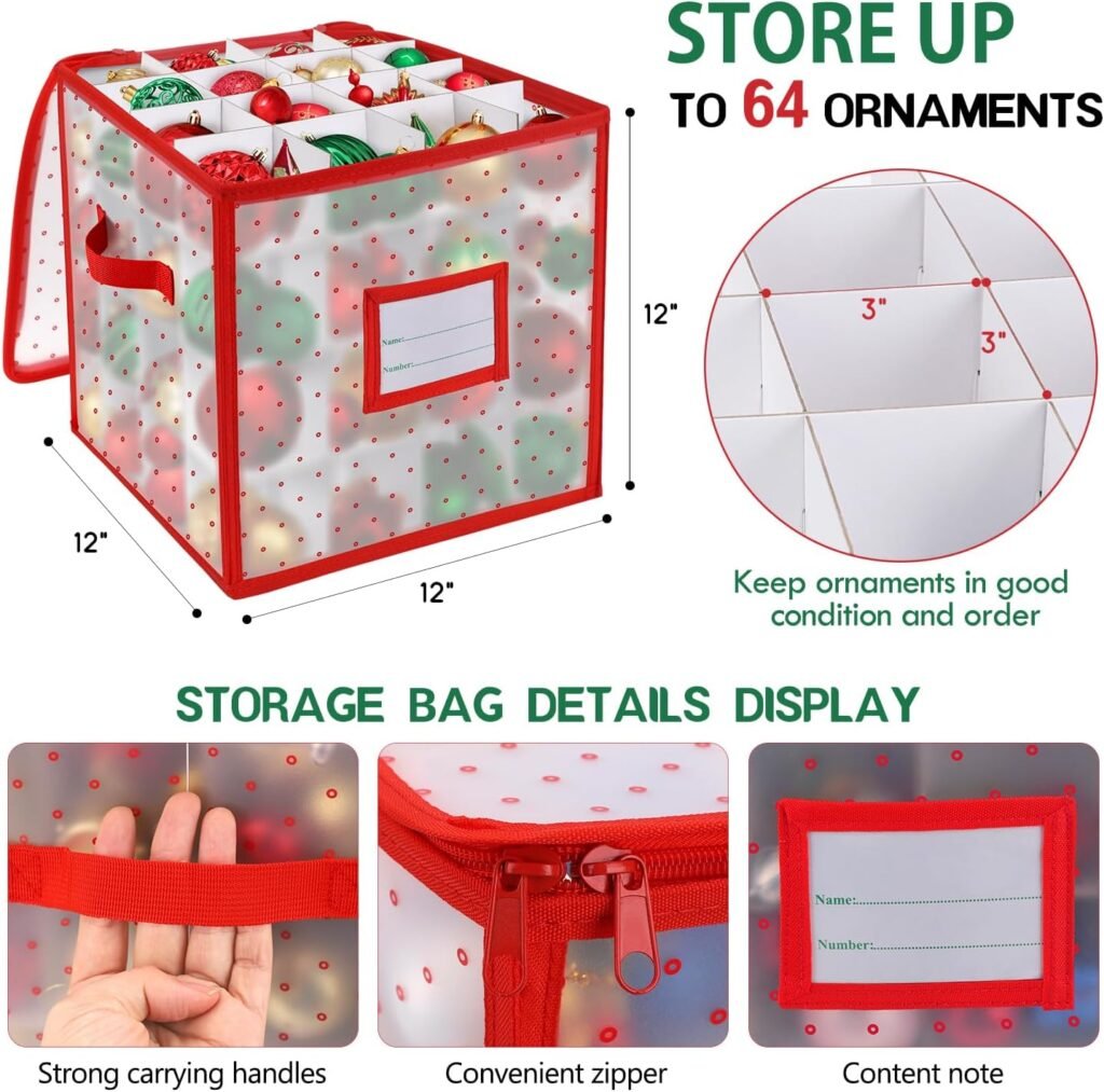 BINSUNS Christmas Ornament Storage Box, Christmas Storage Containers Organizer Bag with Dividers - Fits up to 64 Holiday Xmas Ornaments Decorations 3 Seasons Balls(Red)