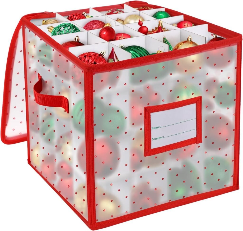 BINSUNS Christmas Ornament Storage Box, Christmas Storage Containers Organizer Bag with Dividers - Fits up to 64 Holiday Xmas Ornaments Decorations 3 Seasons Balls(Red)