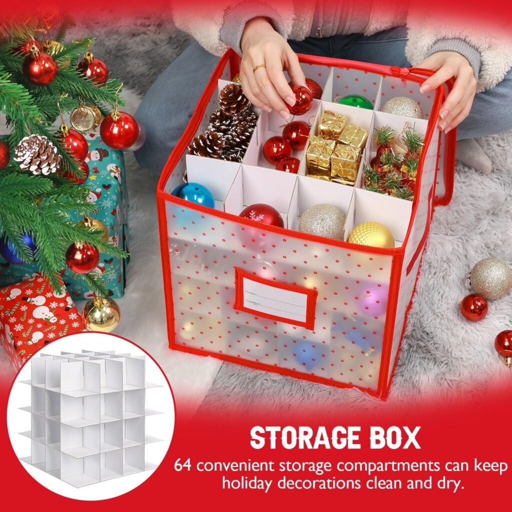 BINSUNS Christmas Ornament Storage Box, Christmas Storage Containers Organizer Bag with Dividers - Fits up to 64 Holiday Xmas Ornaments Decorations 3 Seasons Balls(Red)