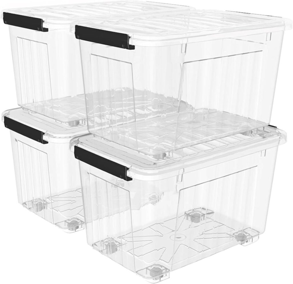 Cetomo Plastic Storage Bin Box Stackable and Nestable with Lid and Secure Latching Buckles, Clear, 85Qt x 4, Pack of 4