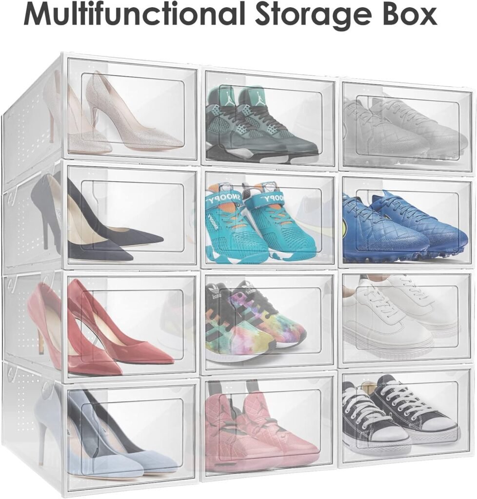 Clear Shoe Boxes Stackable Shoe Storage Boxes with Lids,12 Pack Shoe Boxes Clear Plastic Stackable Shoe Organizers For Closet(M)