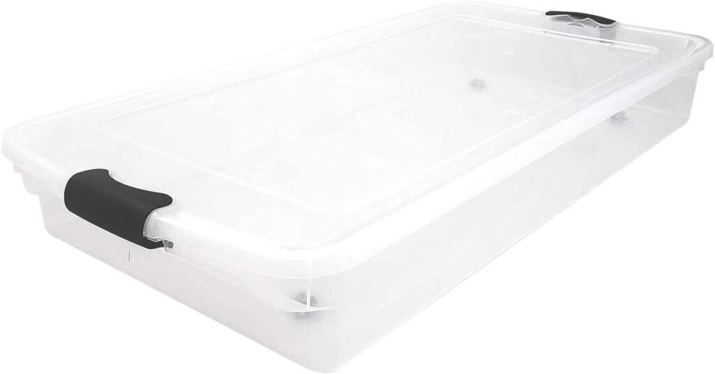 HOMZ 60 Quart Multipurpose Slim Underbed Storage Container Bins with Secure Latching Lid and Wheels for Home or Office Organization, Clear (2 Pack)