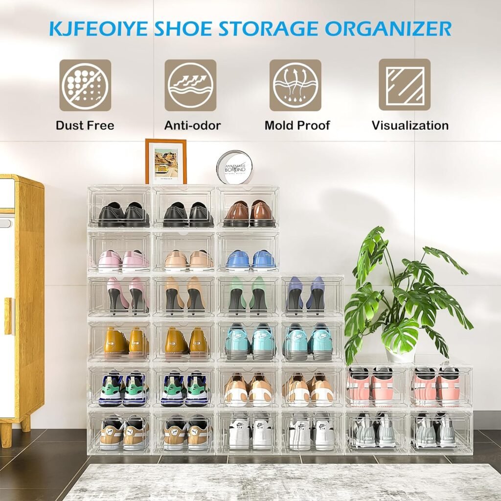 Kjfeoiye 8 Pack XX Large Clear Stackable Shoe Storage Boxes for Size 14, Thicken Hard Plastic Shoe Organizer for Closet, Foldable Shoe Containers Display Case for Sneaker