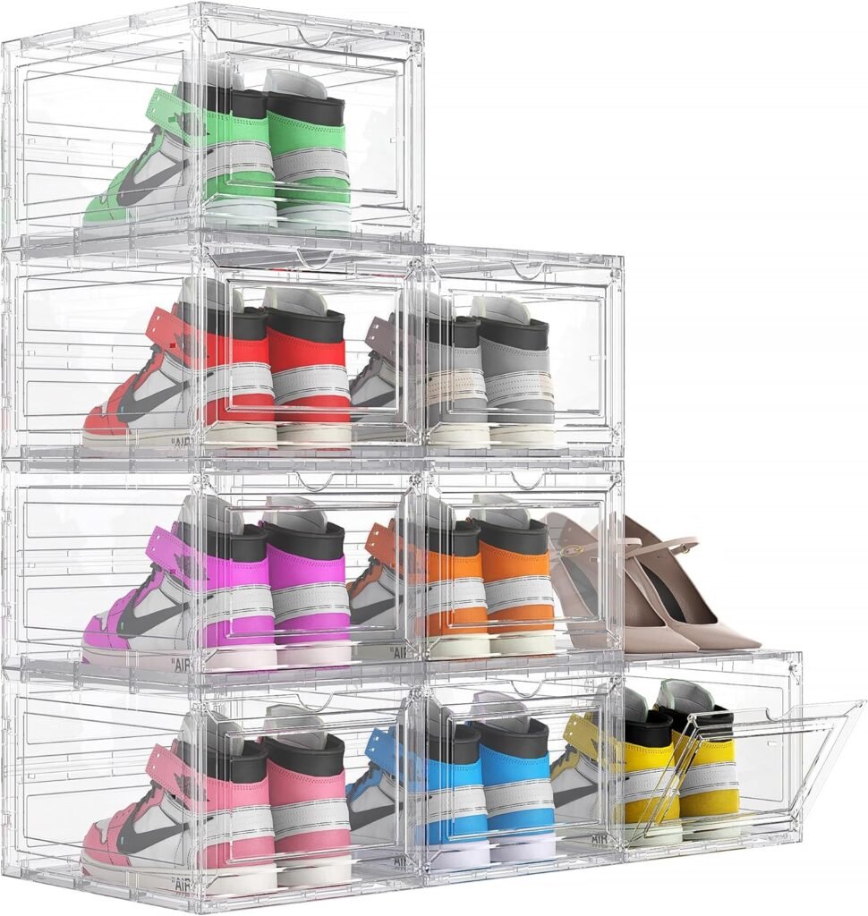 Kjfeoiye 8 Pack XX Large Clear Stackable Shoe Storage Boxes for Size 14, Thicken Hard Plastic Shoe Organizer for Closet, Foldable Shoe Containers Display Case for Sneaker