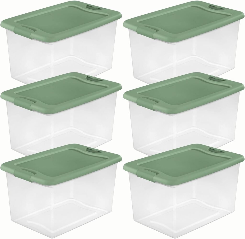 Sterilite 64 Quart Latching Hinged See-Through Plastic Stacking Storage Container Tote with Recessed Lids for Home Organization, Crisp Green (6 Pack)