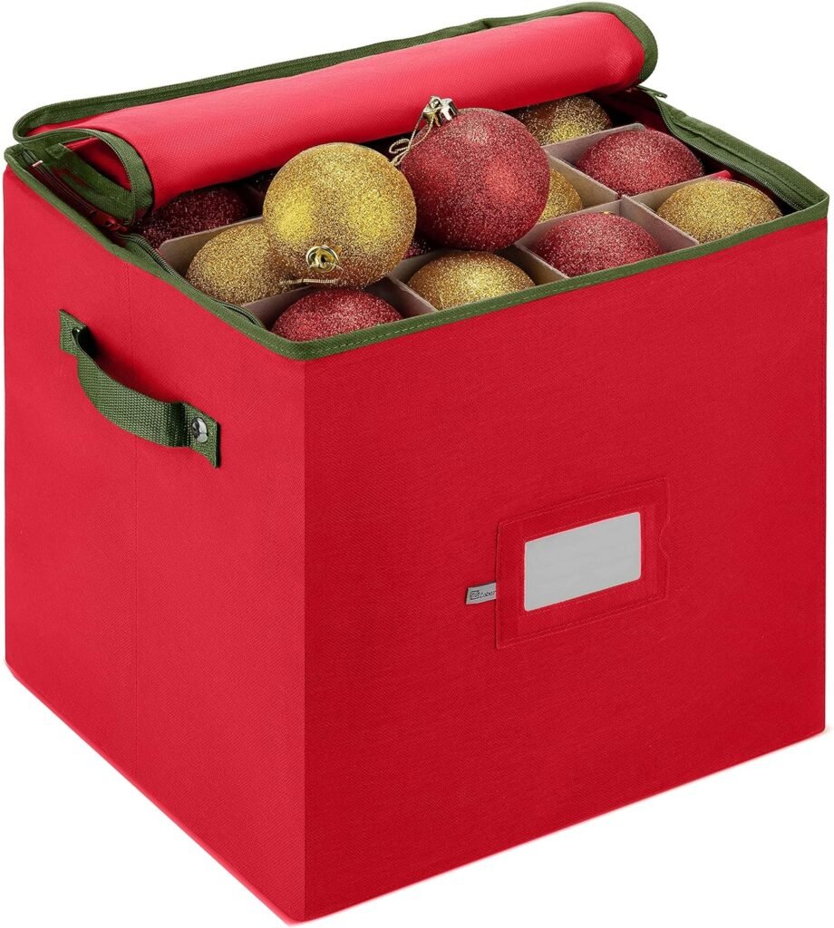 ZOBER Christmas Ornament Storage Box - Stores 64 Ornaments W/Dual Zippers - Non-Woven, Tear- Proof Christmas Ornament Storage Containers - 3 Inch Cube Compartments - Red