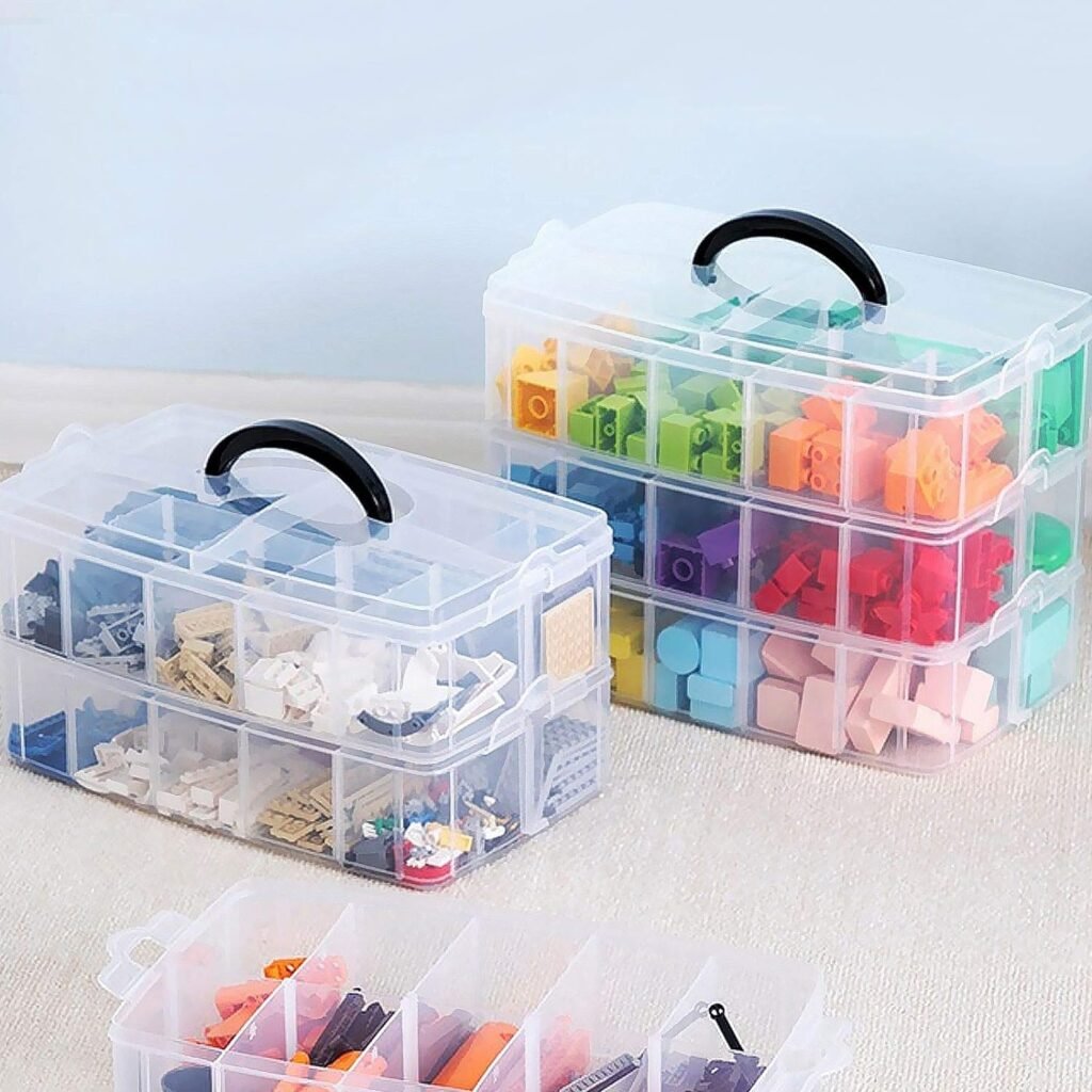 ZOEYES 2 Pack 3-Tier Stackable Storage Container Box, Crafts Storage Box with 30 Adjustable Compartments, Plastic Organizer Box for Arts and Crafts, Fuse Beads, Washi Tapes, Jewelry