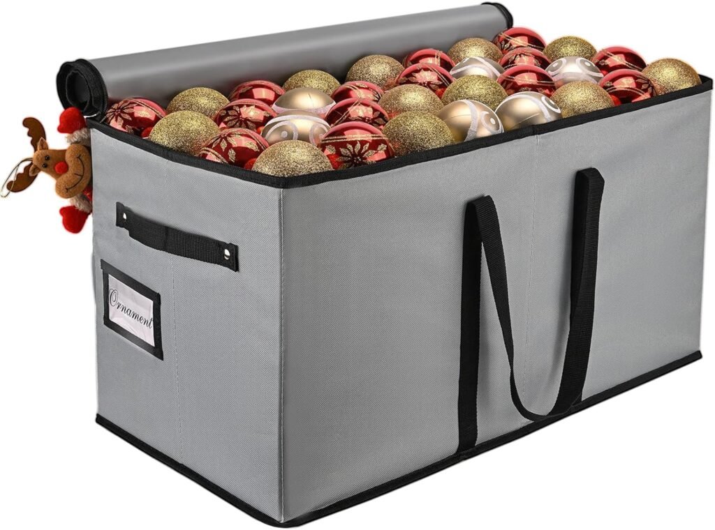 Christmas Ornament Storage Box, Fits 128 Holiday Ornaments With Adjustable Dividers and Large Pockets, Large Ornament Organizer Storage Box with Dual Zipper
