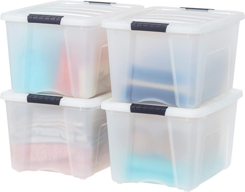 IRIS USA 40 Qt Stackable Plastic Storage Bins with Lids, 4 Pack - BPA-Free, Made in USA - Discreet Organizing Solution, Latches, Durable Nestable Containers, Secure Pull Handle - Pearl
