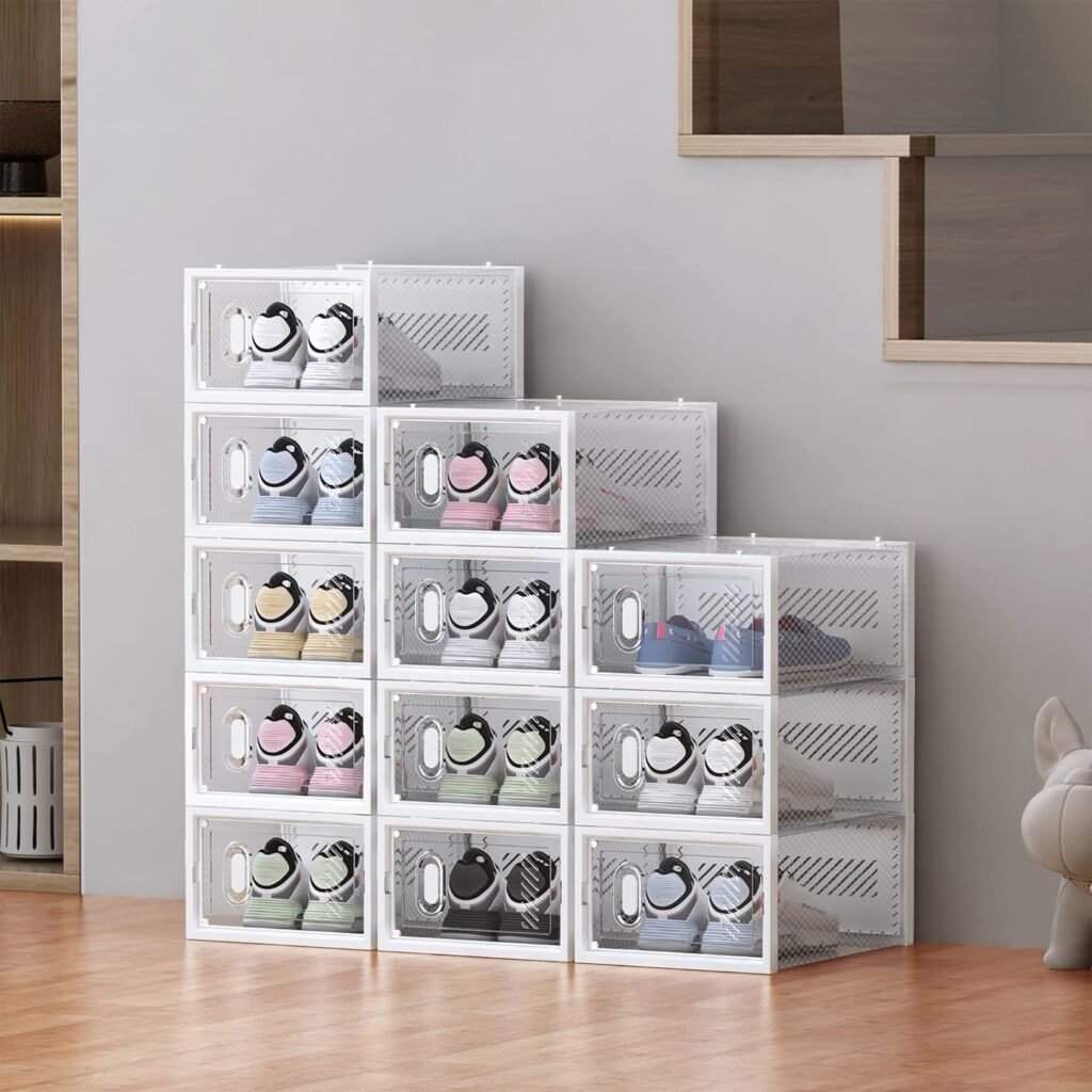 Shoe Storage, 12 Pack Shoe Organizer for Closet, Shoe Boxes Clear Plastic Stackable Shoe Containers with Lids for Size 10