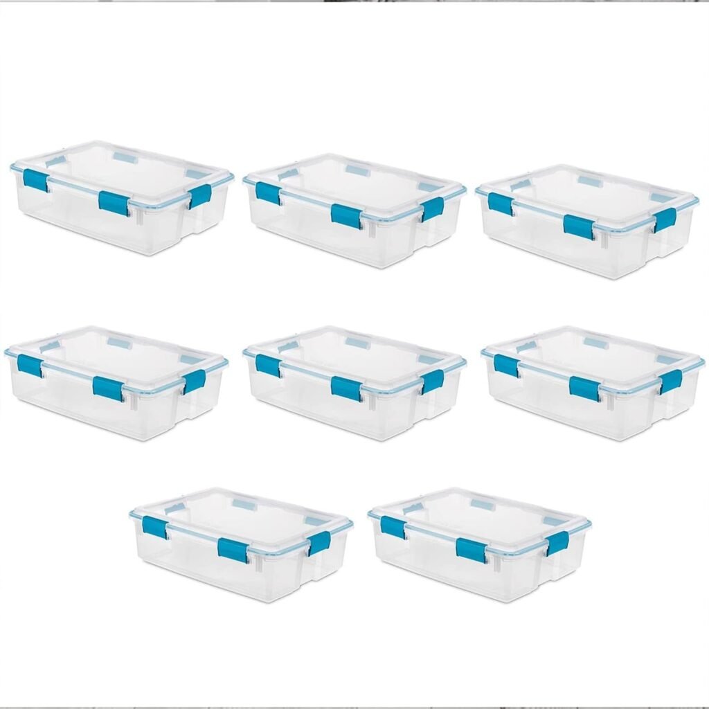 Sterilite 37 Qt Gasket Box, Stackable Storage Bin with Latching Lid and Tight Seal, Plastic Container to Organize Basement, Clear Base and Lid, 4-Pack