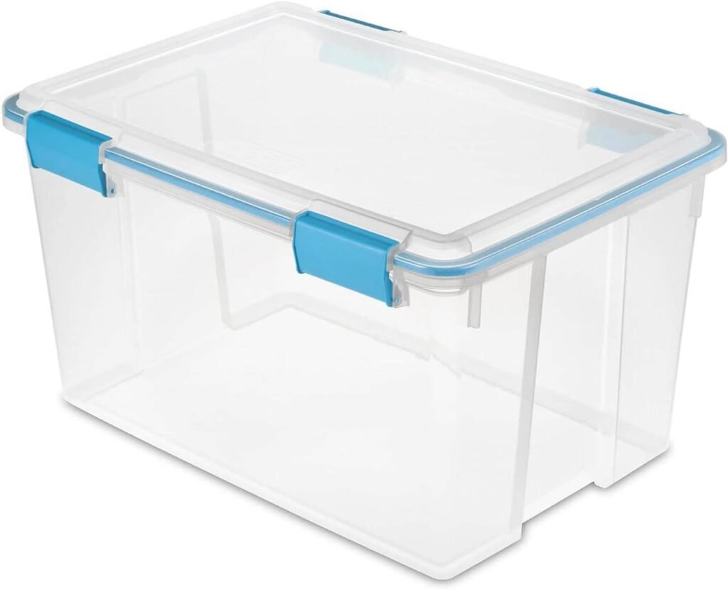 Sterilite 37 Qt Gasket Box, Stackable Storage Bin with Latching Lid and Tight Seal, Plastic Container to Organize Basement, Clear Base and Lid, 4-Pack