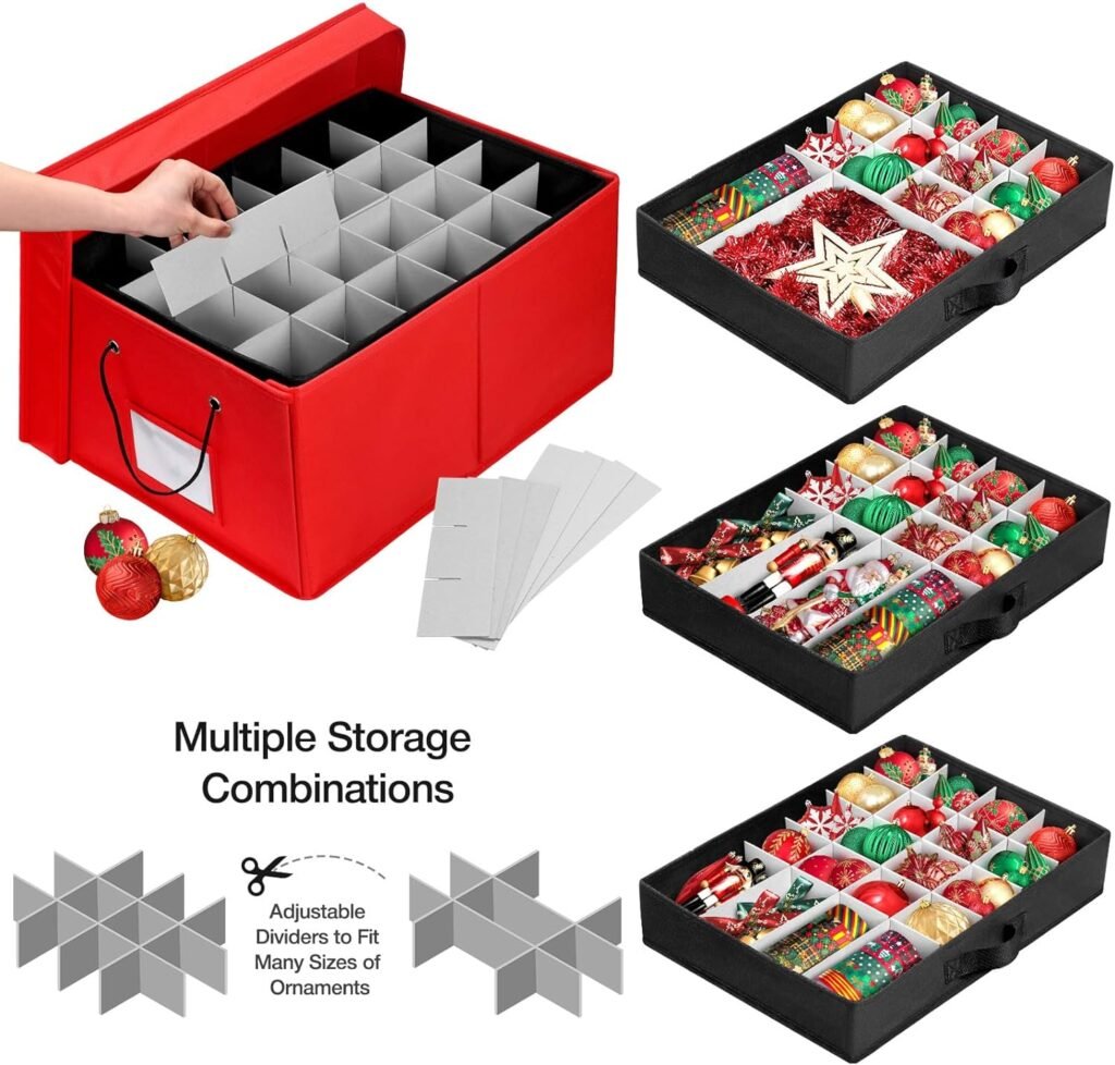 hatisan Large Christmas Ornament storage with Side Open, Drawer Style Trays Ornament Storage Box - 3 Compartment, Keeps 72 Holiday Ornament Storage(Red)