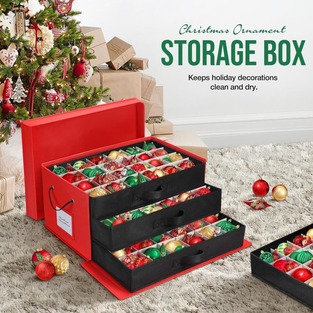 hatisan Large Christmas Ornament storage with Side Open, Drawer Style Trays Ornament Storage Box - 3 Compartment, Keeps 72 Holiday Ornament Storage(Red)