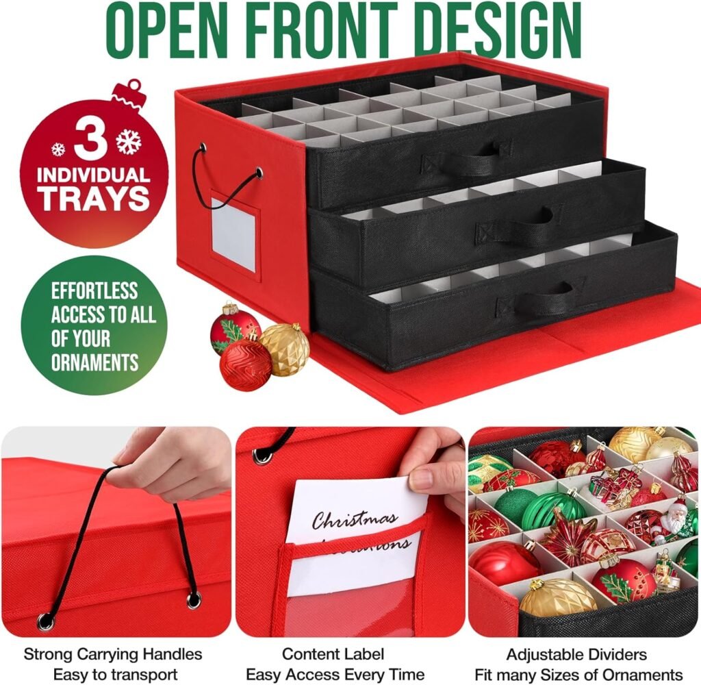 hatisan Large Christmas Ornament storage with Side Open, Drawer Style Trays Ornament Storage Box - 3 Compartment, Keeps 72 Holiday Ornament Storage(Red)