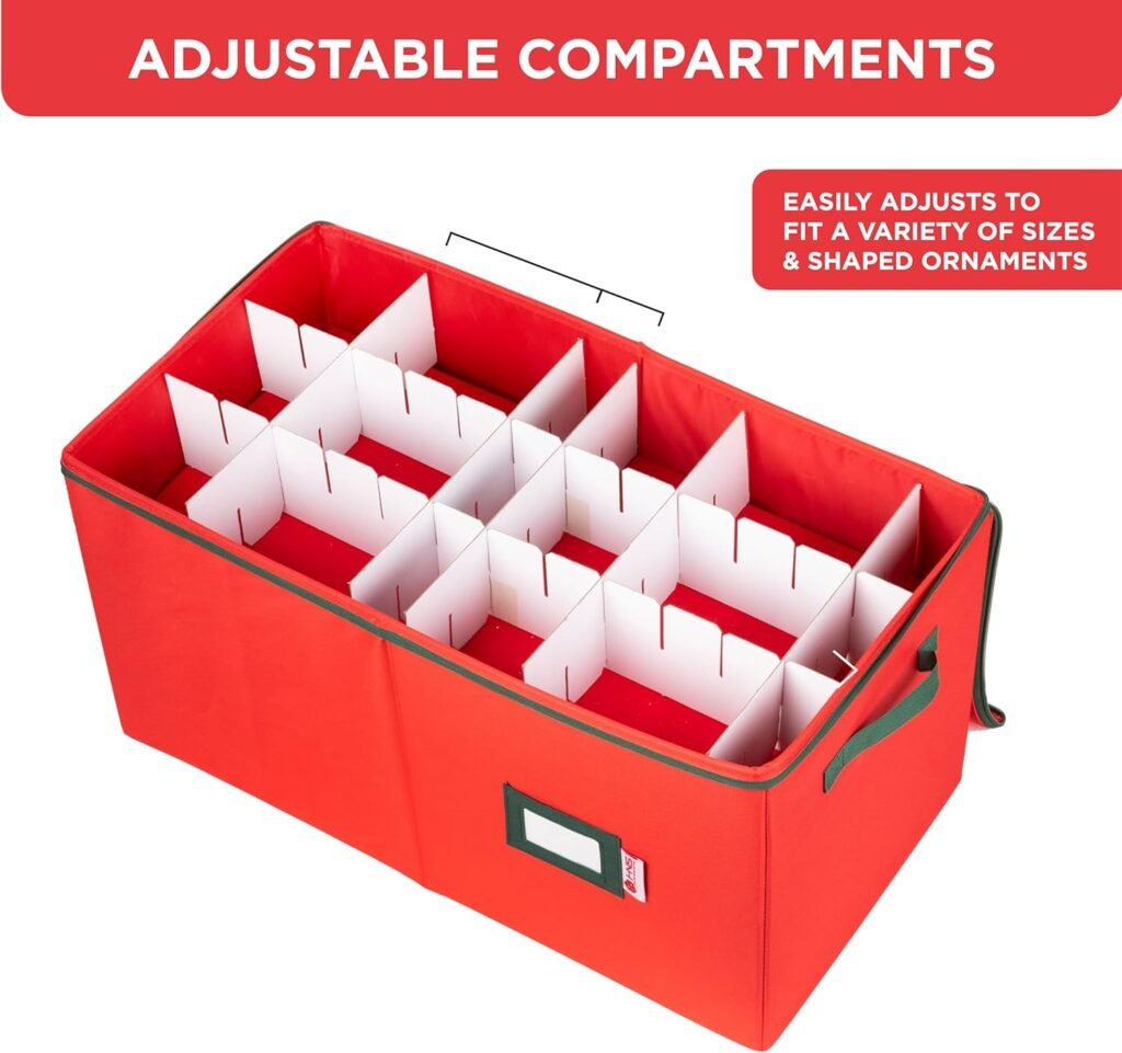 Christmas Ornament Storage Container with Dividers -Box Stores Up to 54-4 Ornaments, Zippered, Convenient, Adjustable, Heavy Duty 600D, Large Organizer Bin to Protect and Store Holiday Décor (Red)