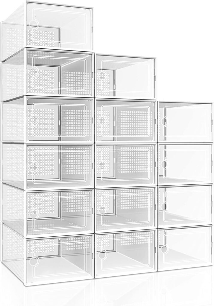 Hrrsaki Large 15 Pack Shoe Organizer Boxes, Collapsible Shoe Boxes Clear Plastic, Shoe Organizer for Closet, Space Saving Foldable Sneaker Boxes, Shoe Containers for Entryway, Bedroom, New White