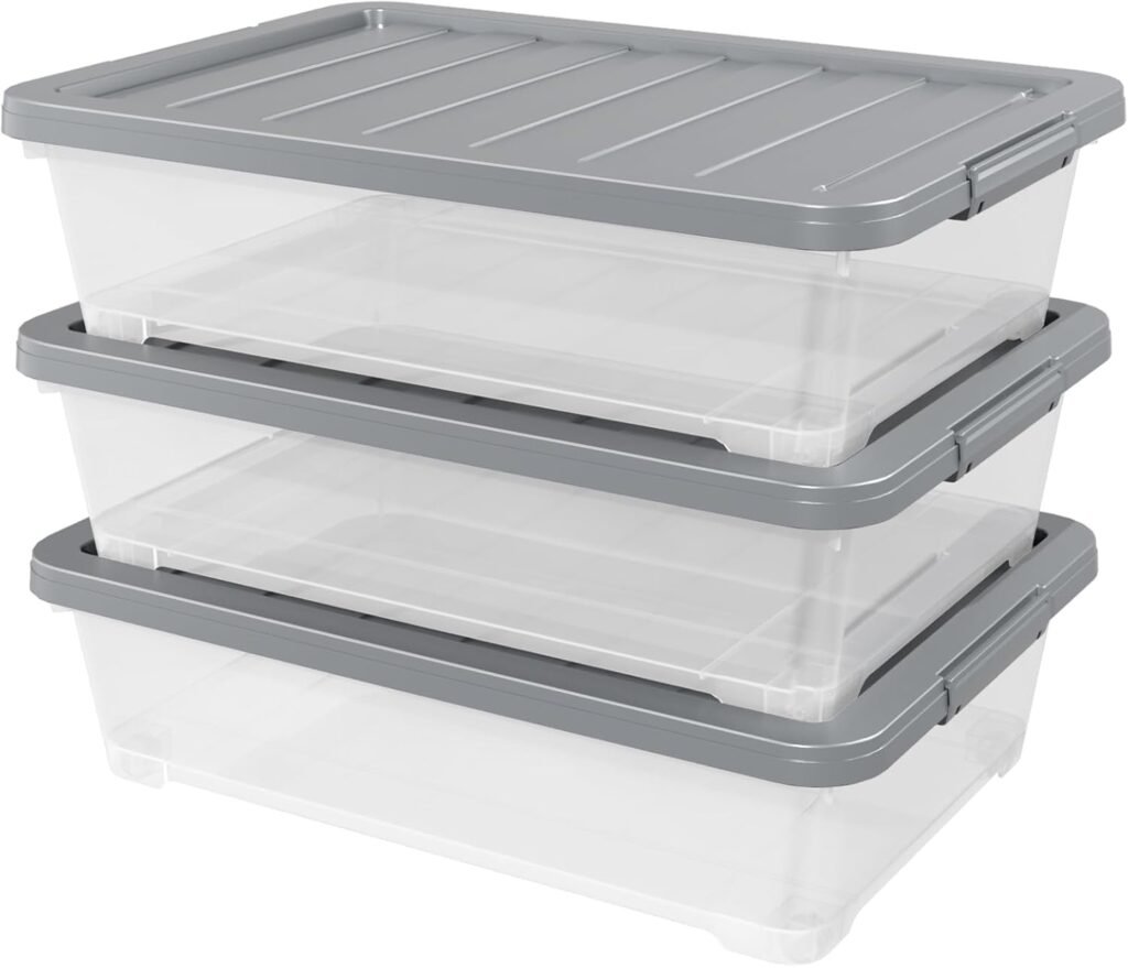 Readsky 3 Packs Large Clear Wheeled Latching Box, 40 L Plastic Underbed Storage Box with Gray Lid