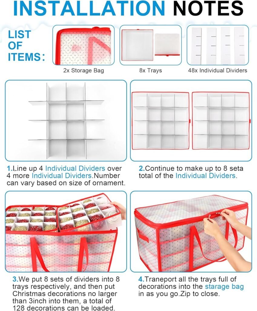 Soaoo 2 Pcs Christmas Ornament Storage Box Plastic Large Ornament Organizer Storage Container with Adjustable Dividers Dual Zipper Closure 16 Trays for 256 Holiday Ornaments 3 Inch Xmas Decorations