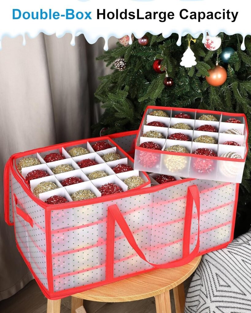 Soaoo 2 Pcs Christmas Ornament Storage Box Plastic Large Ornament Organizer Storage Container with Adjustable Dividers Dual Zipper Closure 16 Trays for 256 Holiday Ornaments 3 Inch Xmas Decorations