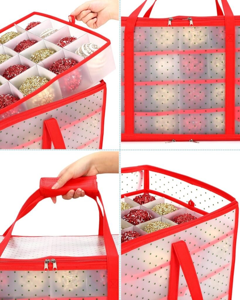 Soaoo 2 Pcs Christmas Ornament Storage Box Plastic Large Ornament Organizer Storage Container with Adjustable Dividers Dual Zipper Closure 16 Trays for 256 Holiday Ornaments 3 Inch Xmas Decorations